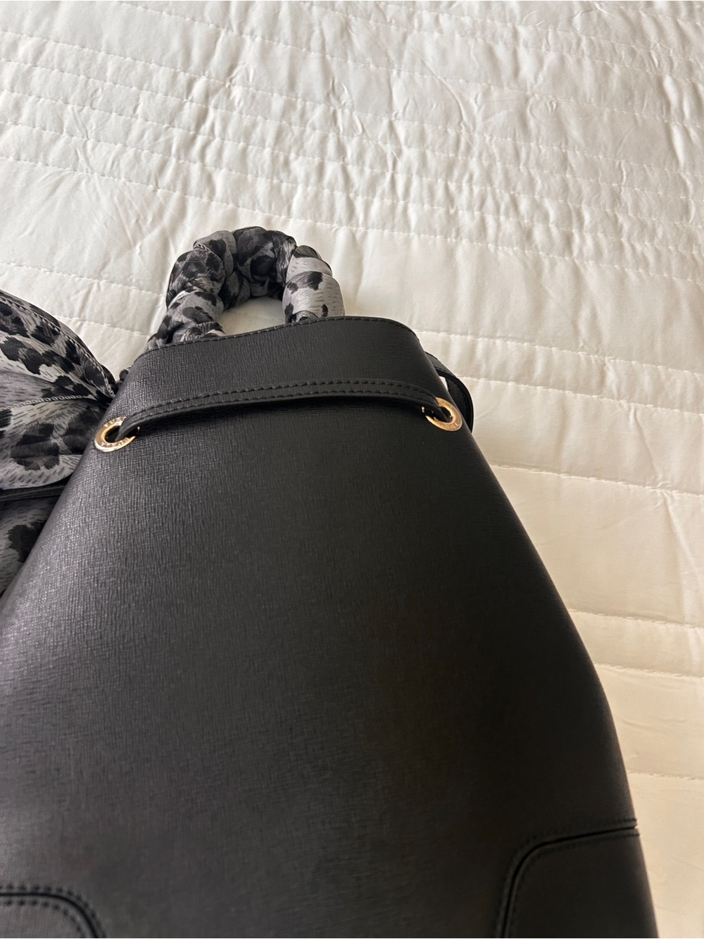 Furla Black Leather Drawstring Bucket Bag with Black & White Scarf - Picture 2 of 6